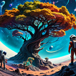 **

A grand, cosmic tree with branches extending into swirling galaxies, representing the Imaginary Tree. Below, a vibrant, chaotic ocean of swirling colors and abstract shapes depicts the Quantum Sea. In the foreground, a diverse group of futuristic explorers in modest, practical spacesuits gaze in awe at the scene. The style should be reminiscent of a NASA conceptual illustration, emphasizing the vastness and wonder of space exploration. safe for work, appropriate content, fully clothed, family-friendly, perfect anatomy, correct proportions, natural pose, professional.

**