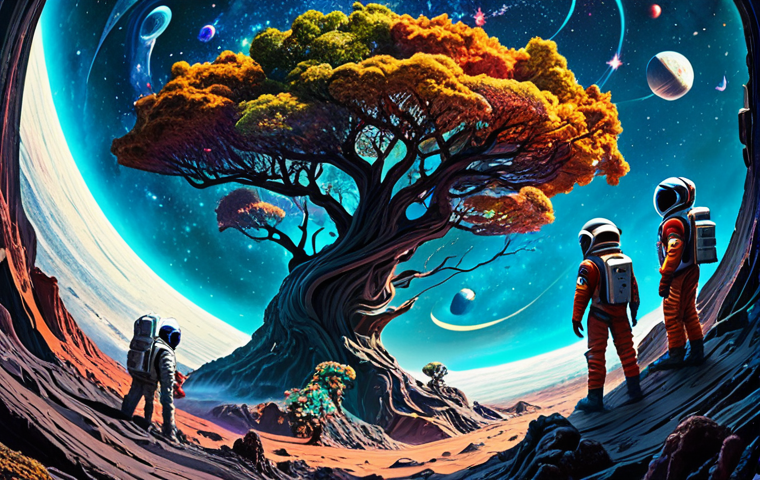 **
A grand, cosmic tree with branches extending into swirling galaxies, representing the Imaginary Tree. Below, a vibrant, chaotic ocean of swirling colors and abstract shapes depicts the Quantum Sea. In the foreground, a diverse group of futuristic explorers in modest, practical spacesuits gaze in awe at the scene. The style should be reminiscent of a NASA conceptual illustration, emphasizing the vastness and wonder of space exploration. safe for work, appropriate content, fully clothed, family-friendly, perfect anatomy, correct proportions, natural pose, professional.
**
