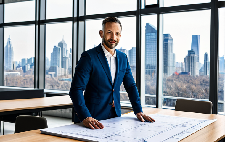 **

"A professional architect, fully clothed in a stylish but modest outfit, standing confidently in front of a blueprint-covered table. The background shows a bright, modern architectural office with large windows overlooking a city skyline. Safe for work, appropriate content, perfect anatomy, correct proportions, natural pose, well-formed hands, proper finger count, natural body proportions, professional, family-friendly, high quality, realistic lighting."

**