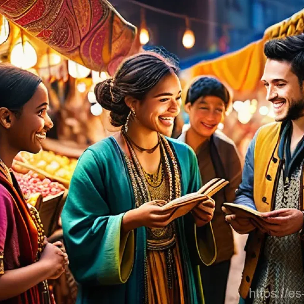 붕괴 스타레일 장비 등급 및 세트 효과 - A group of cheerful young adults, diverse in ethnicity, exploring a vibrant, fantastical market bust...