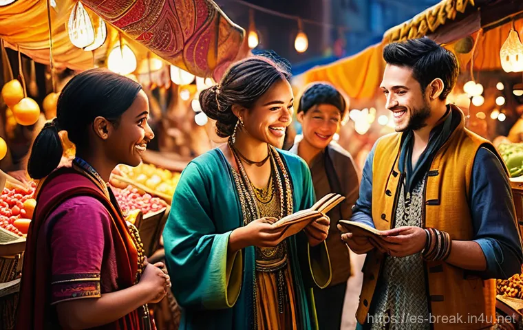 붕괴 스타레일 장비 등급 및 세트 효과 - A group of cheerful young adults, diverse in ethnicity, exploring a vibrant, fantastical market bust...